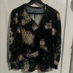 Tahari Black and Cream Floral Blouse